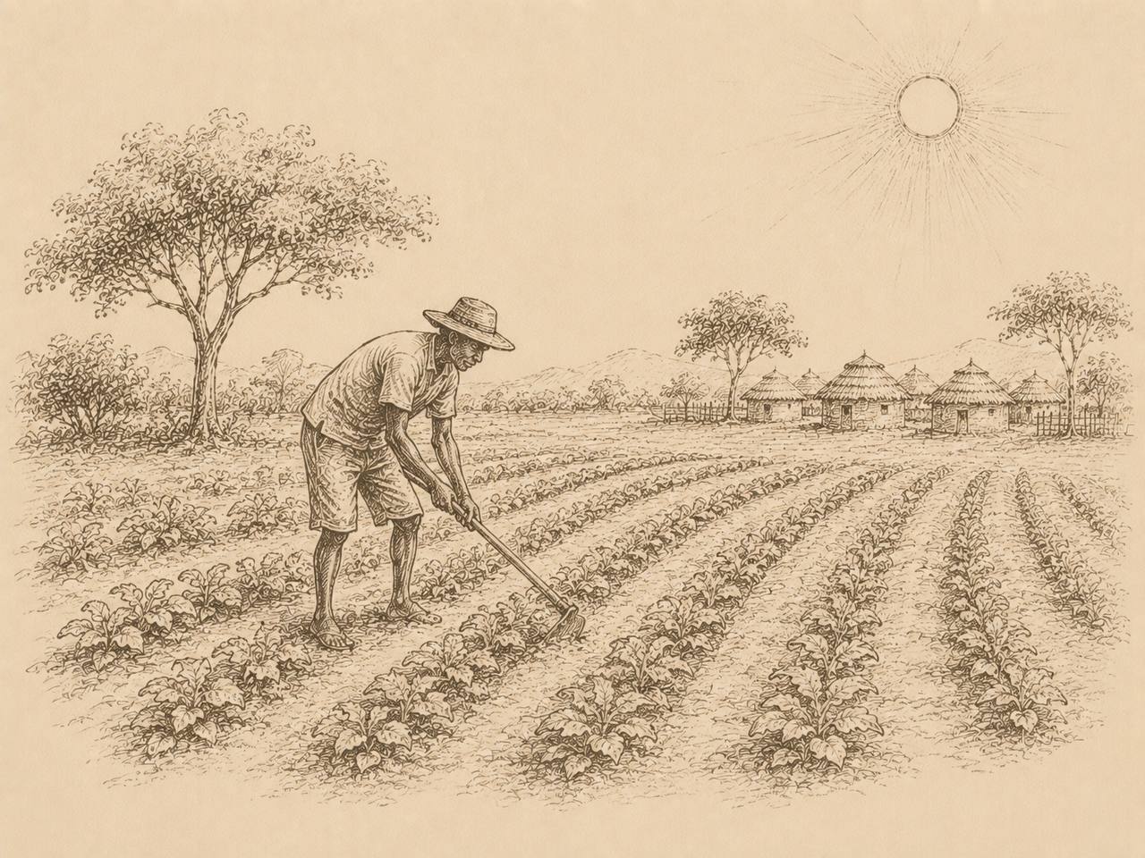 Croquis d'un agriculteur dans ses champs