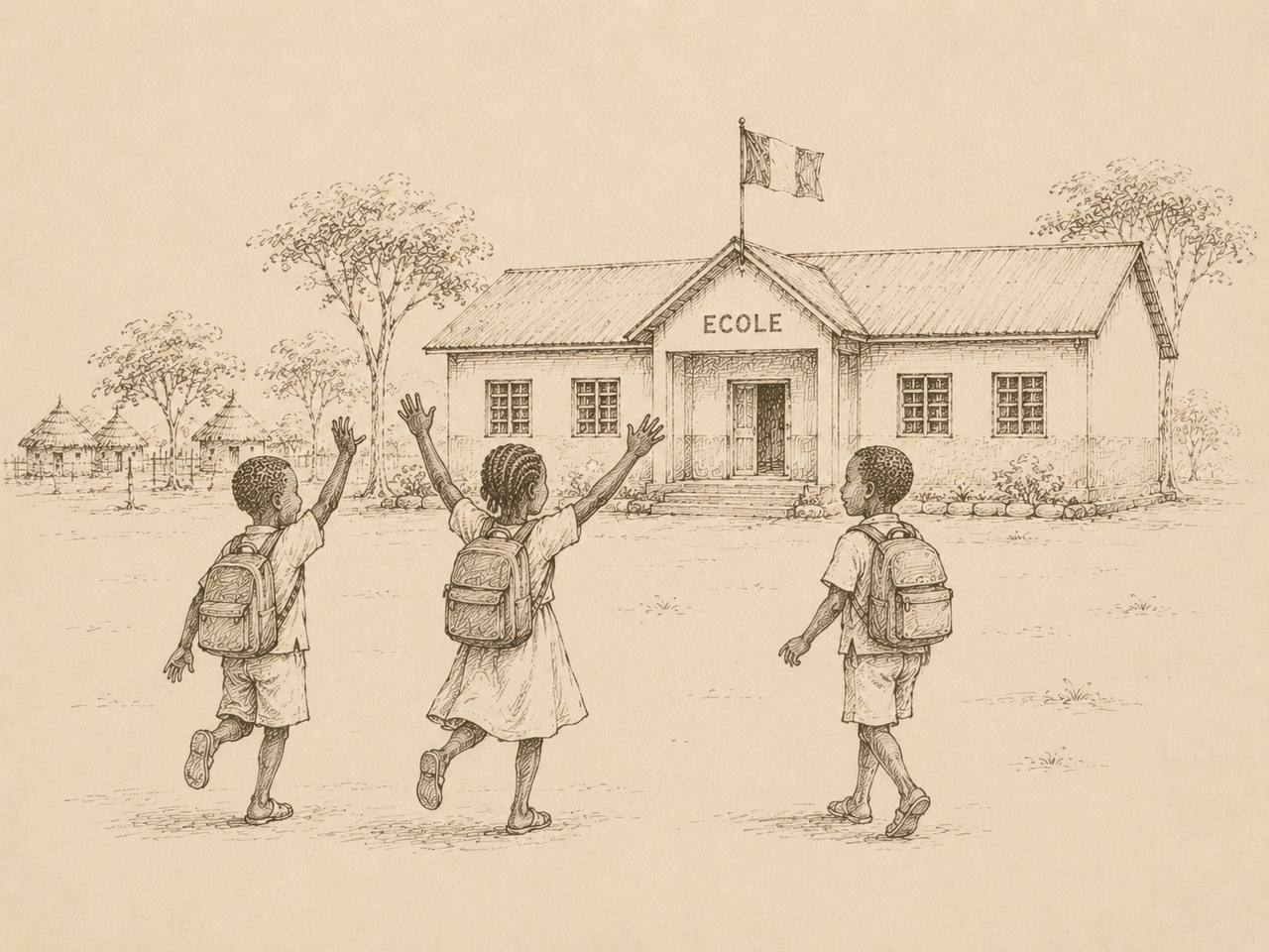 Croquis d'enfants devant leur école