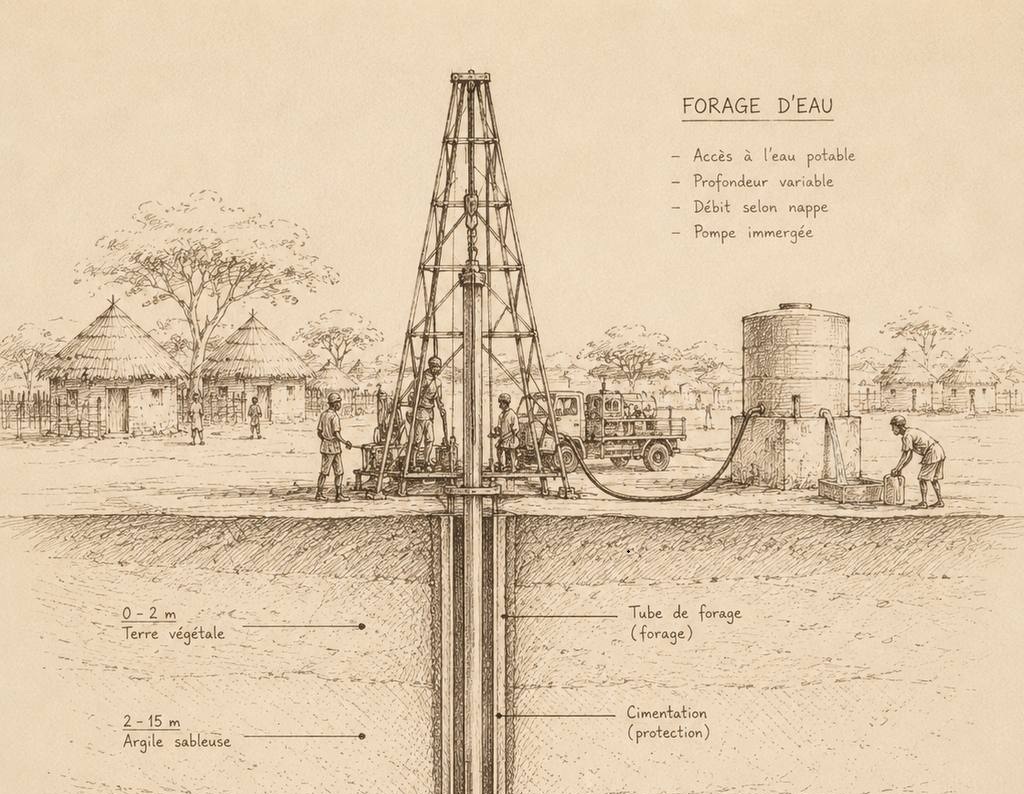 Croquis d'un forage pour trouver l'eau
