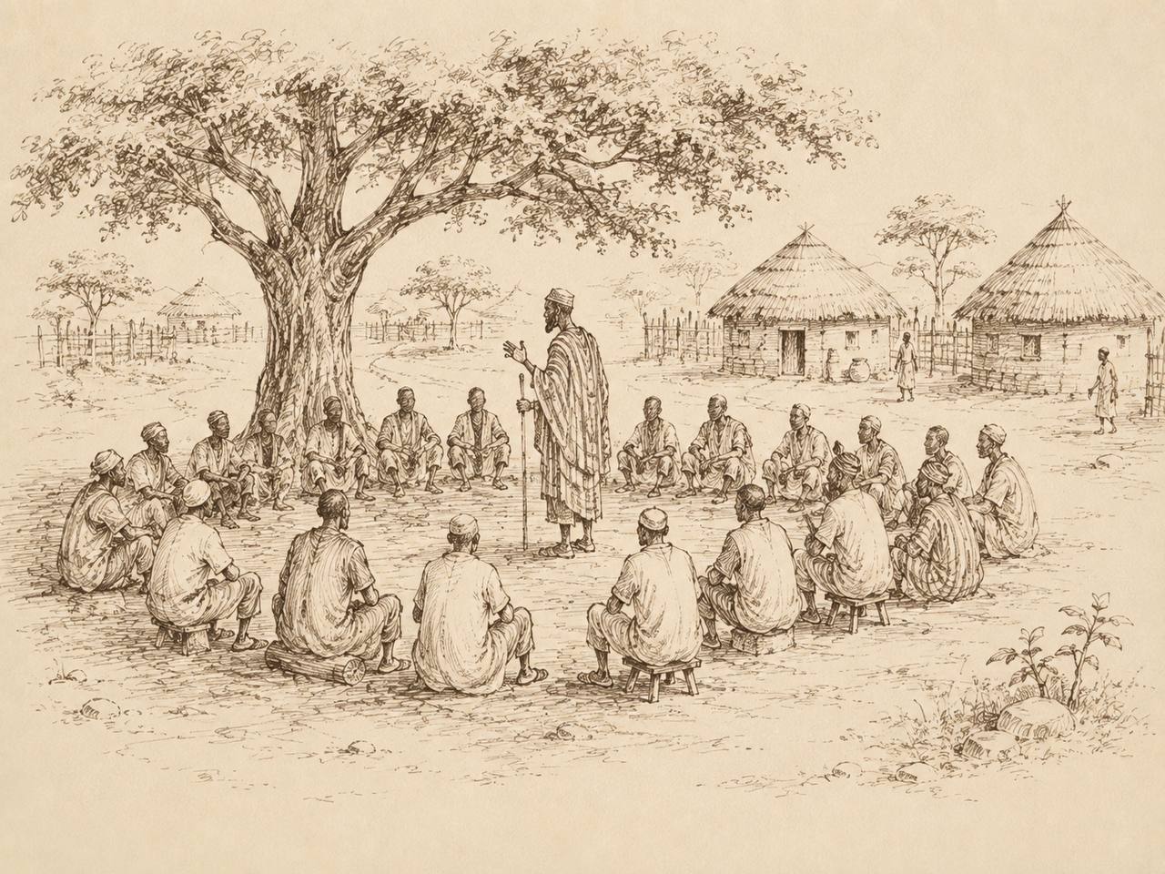 Croquis d'une réunion avec les habitants du village