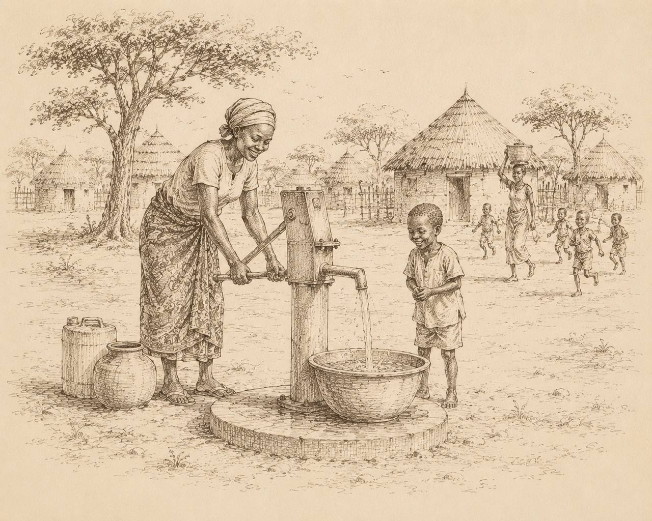 Croquis de villageois heureux autour du point d'eau